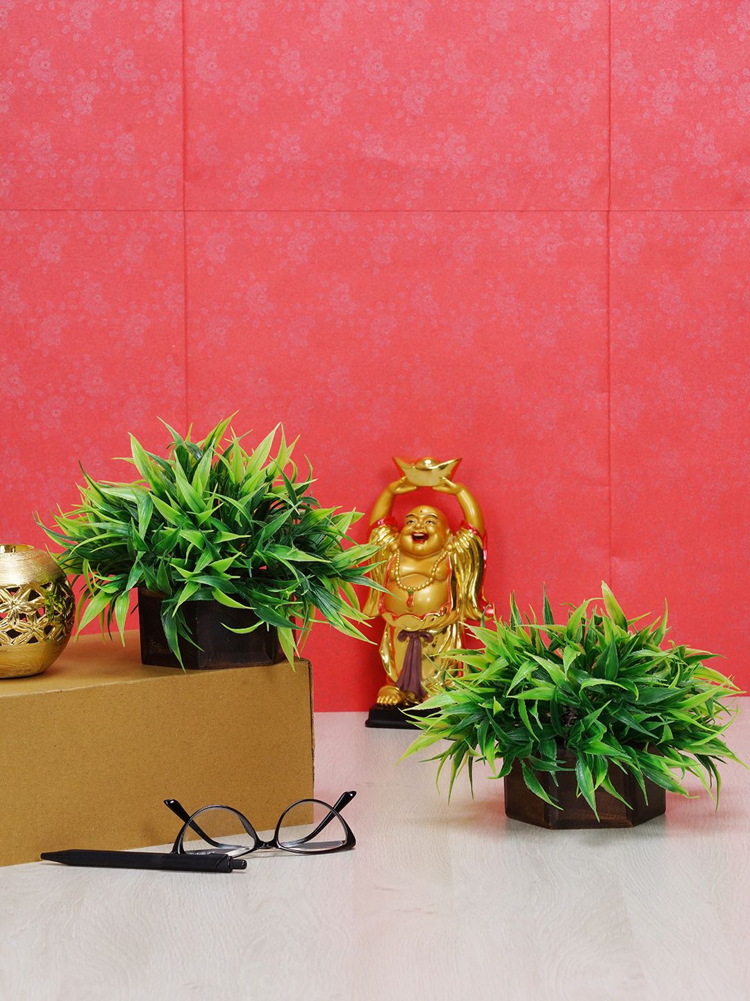 Dekorly Set Of 2 Green & Brown Eucalyptus Decorative Bonsai Plant With Pot Price in India