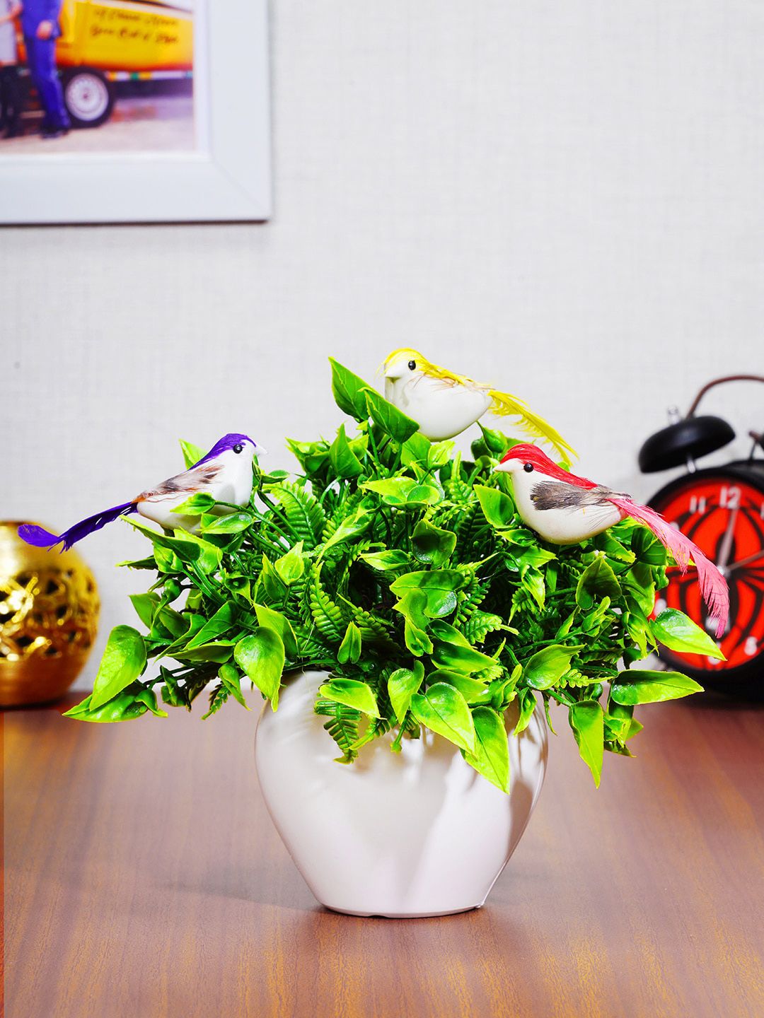 Dekorly Green & White Decorative Bonsai Plant With 3 Birds & Pot Price in India