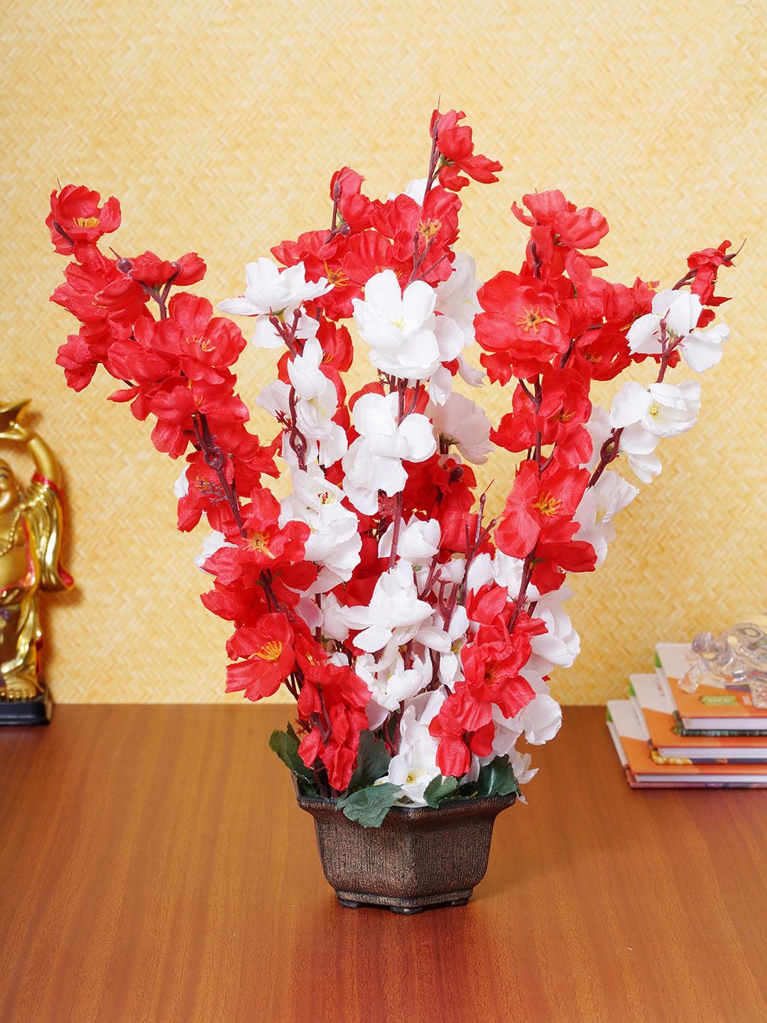 Dekorly Red & White Cherry Blossoms Decorative Bonsai Flower Bunch With Pot Price in India