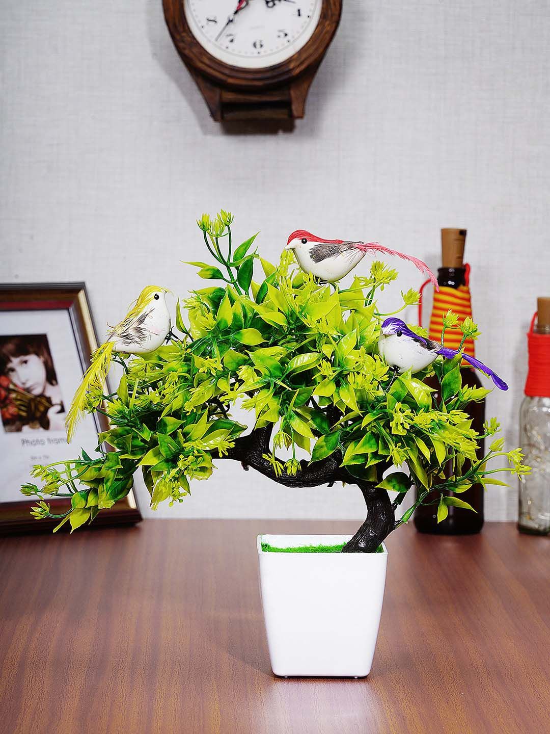 Dekorly Green & White Decorative Bonsai Plant With 3 Birds & Pot Price in India