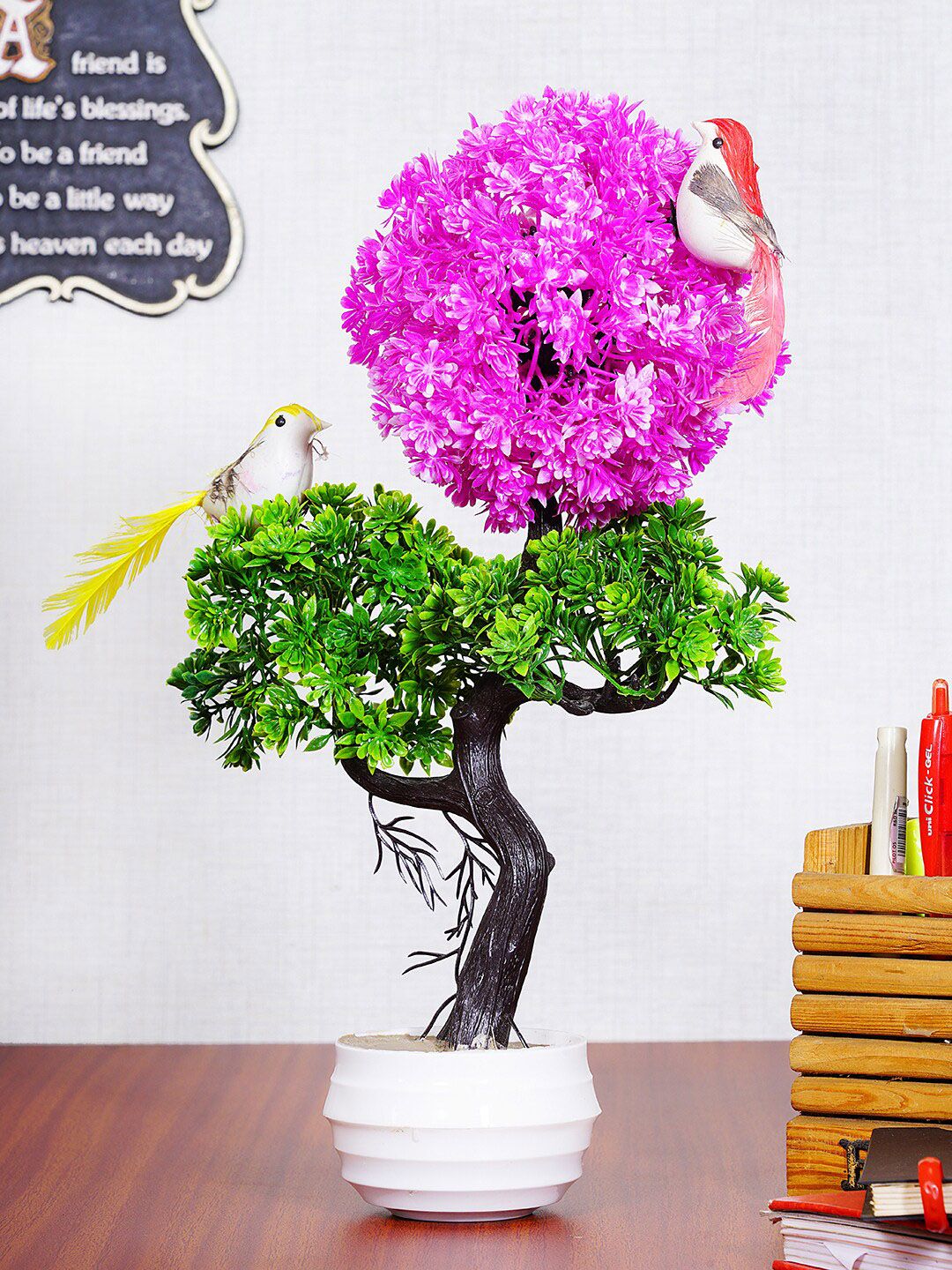 Dekorly Pink & Green Decorative Bonsai Plant With 2 Birds & Pot Price in India