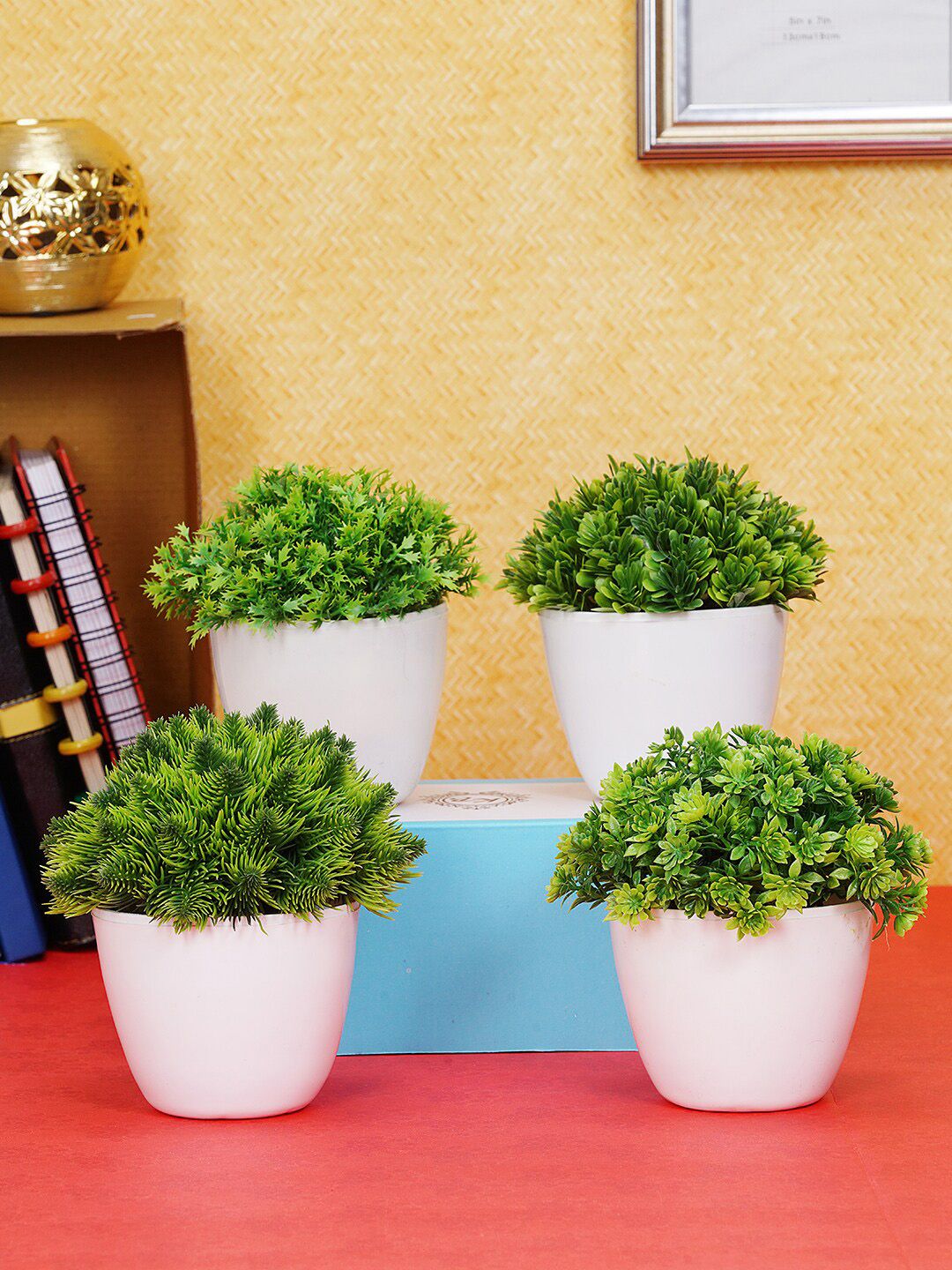 Dekorly Set Of 4 Green & White Artificial Wild Decorative Bonsai Plant With Pot Price in India