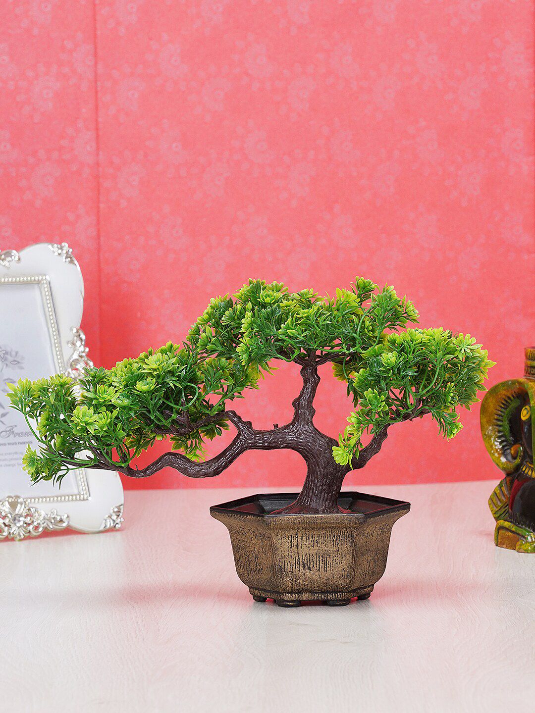 Dekorly Green & Gold-Toned Artificial Wild Decorative Bonsai Plant With Pot Price in India