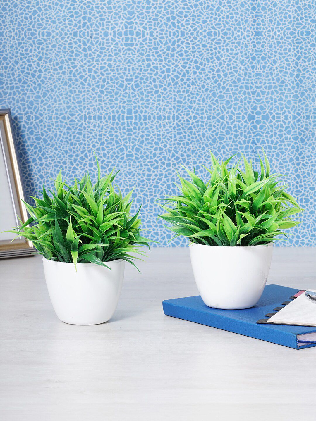 Dekorly Set Of 2 Green & White Eucalyptus Decorative Bonsai Plant With Pot Price in India
