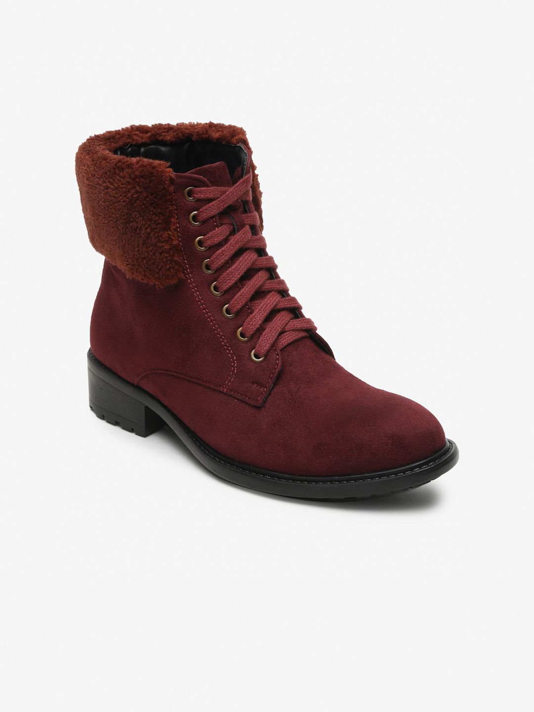 Flat n Heels Women Maroon Suede Flat Boots Price in India