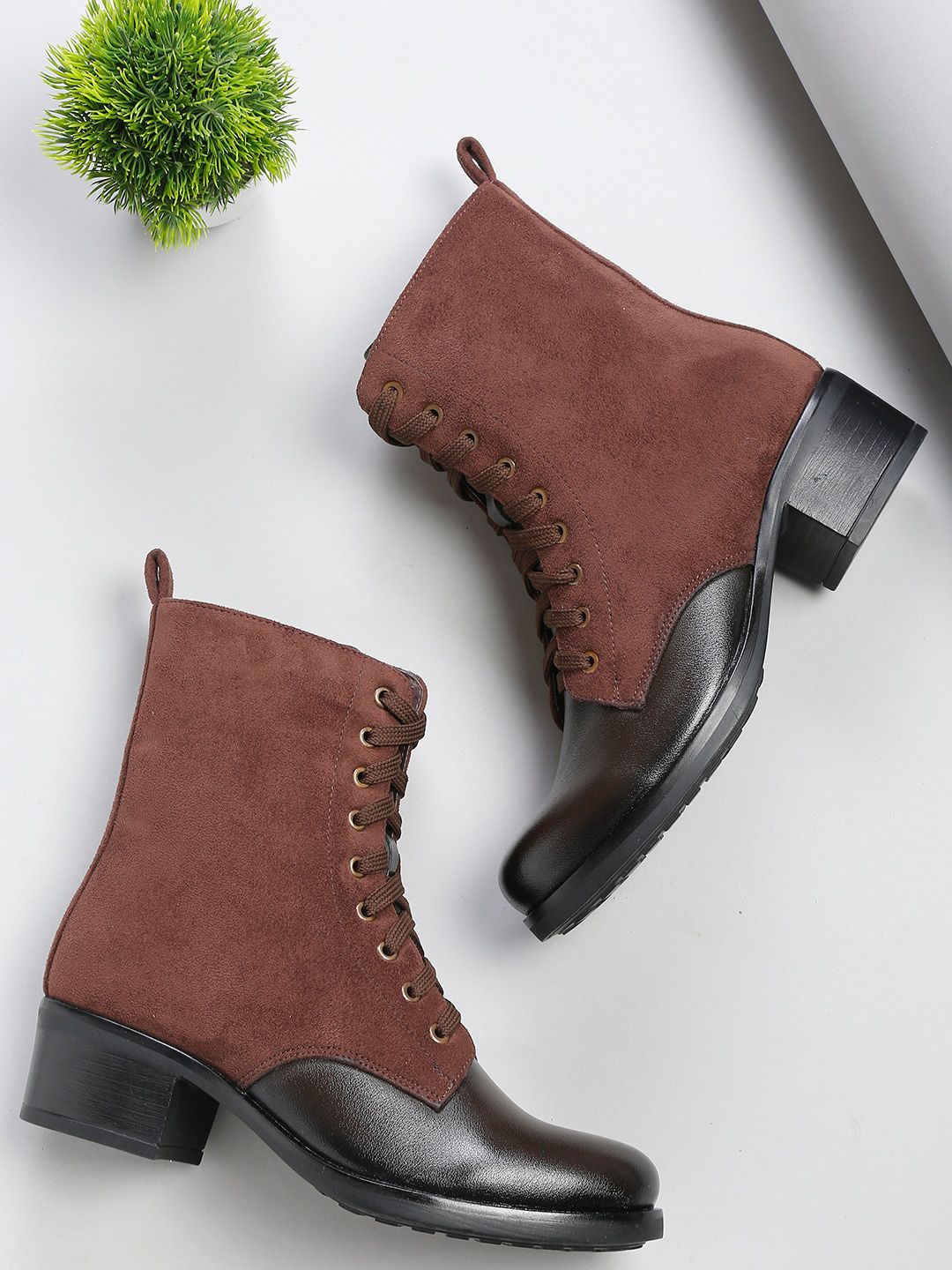 Flat n Heels Brown Suede Block Heeled Boots Price in India