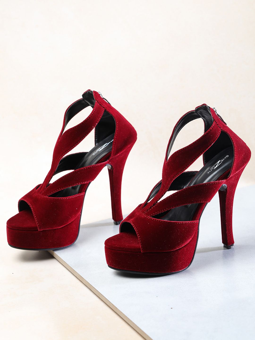 Shezone Maroon Solid Stiletto Peep Toes Price in India