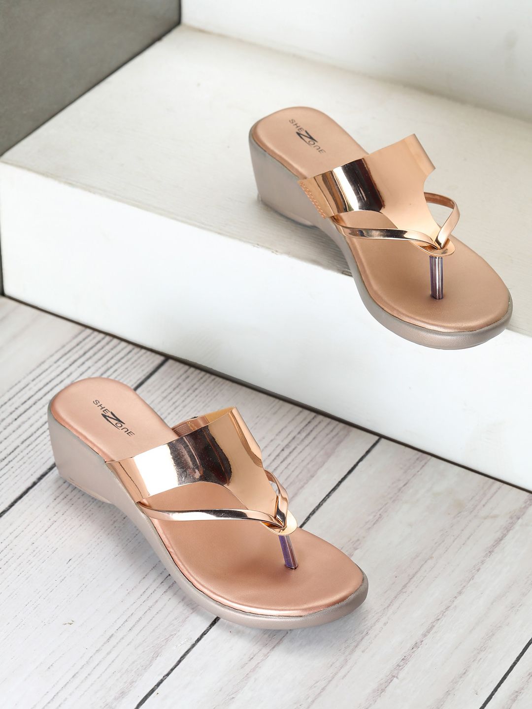 Shezone Rose Gold Embellished Wedge Sandals Price in India