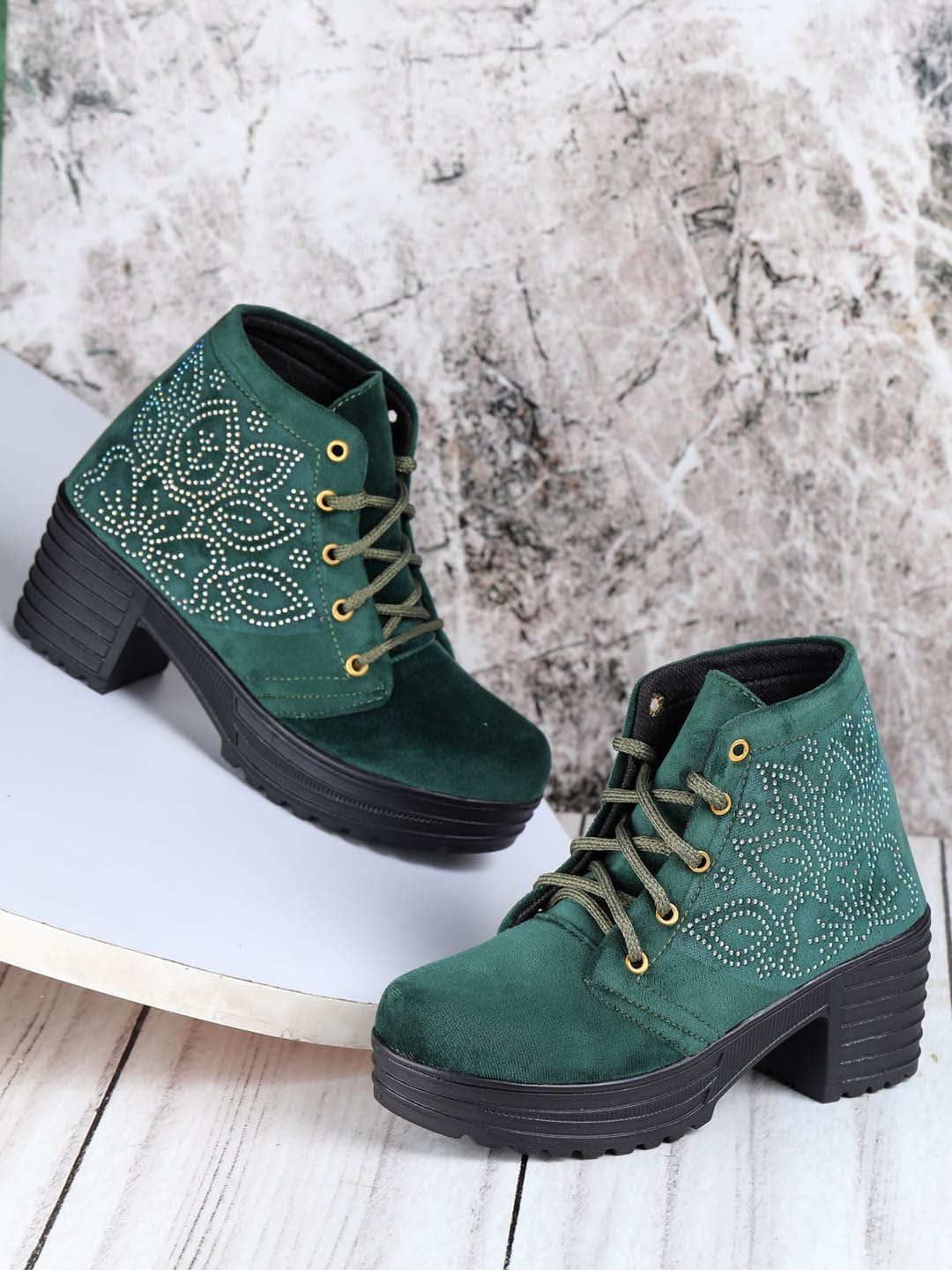 LONDON STEPS Green Suede Platform Heeled Boots Price in India