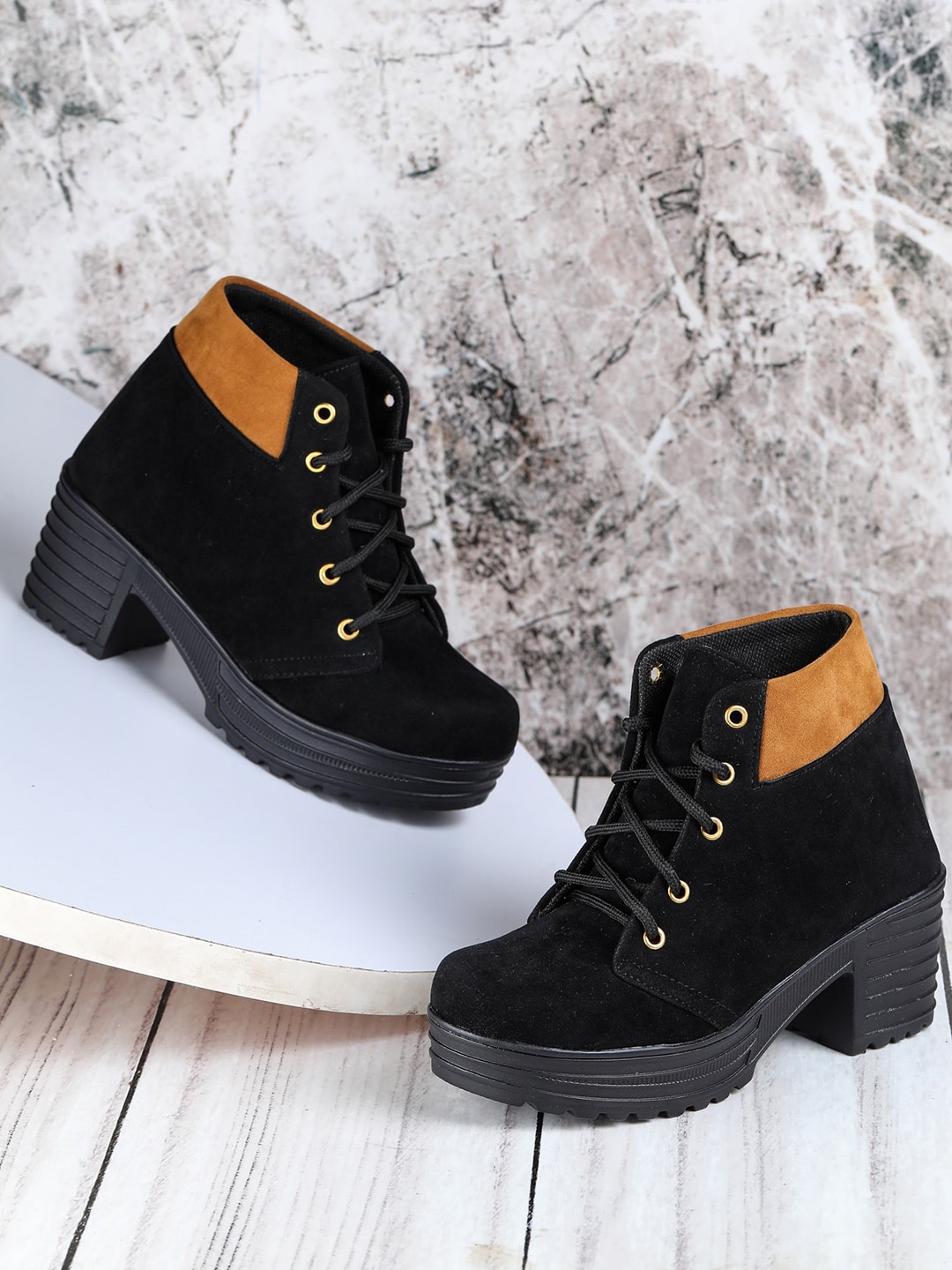 LONDON STEPS Black Colourblocked Suede Block Heeled Boots Price in India