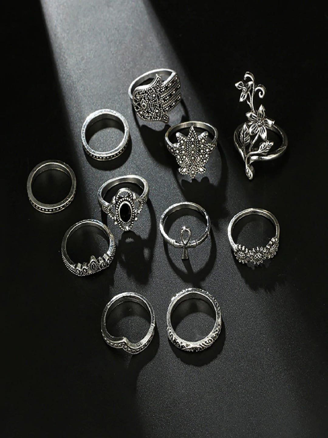 OOMPH Set Of 12 Oxidised Silver-Plated Bohemian Fashion Ring Set Price in India