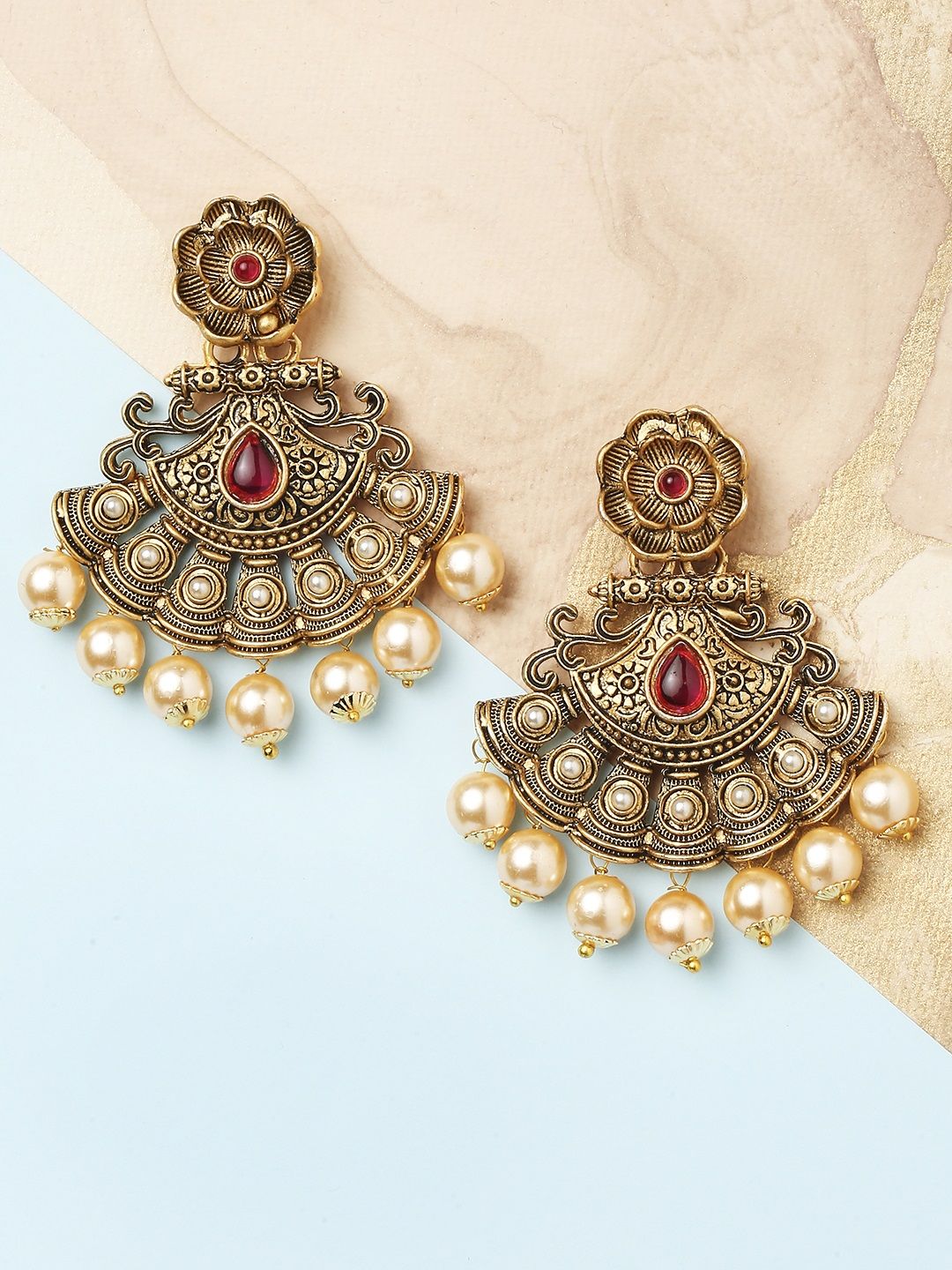OOMPH Gold-Toned Floral Chandbalis Earrings Price in India
