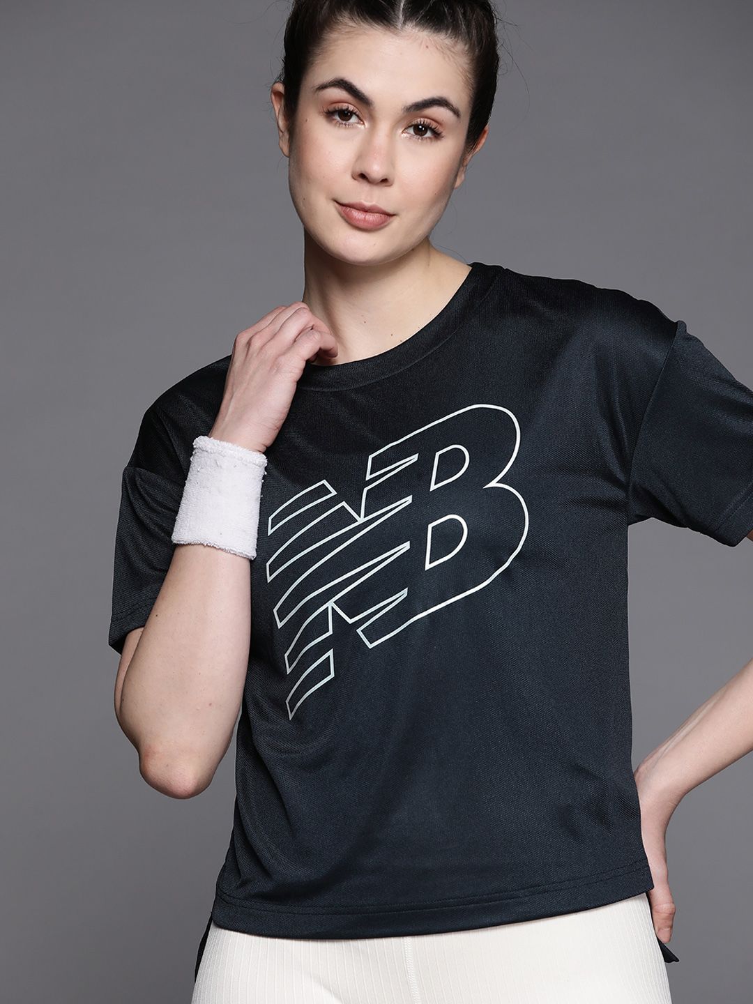 New Balance Women Navy Blue Brand Logo Printed Drop-Shoulder Sleeves T-shirt Price in India