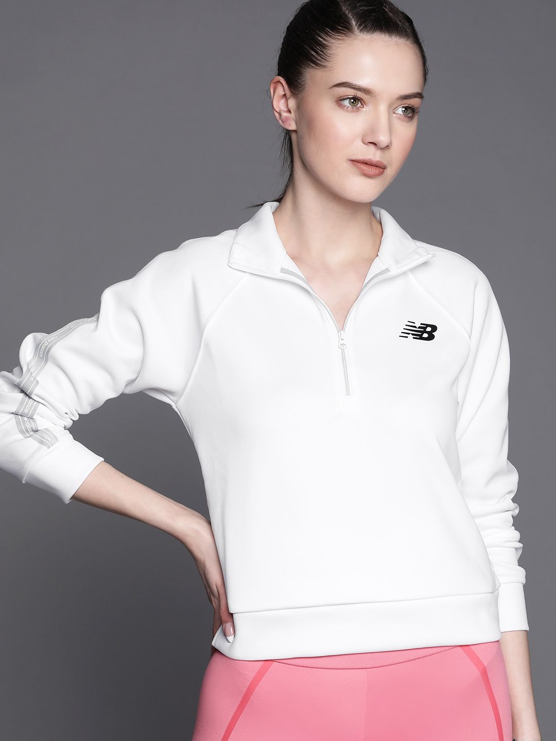 New Balance Women White Solid Half-Zipper Sweatshirt Price in India