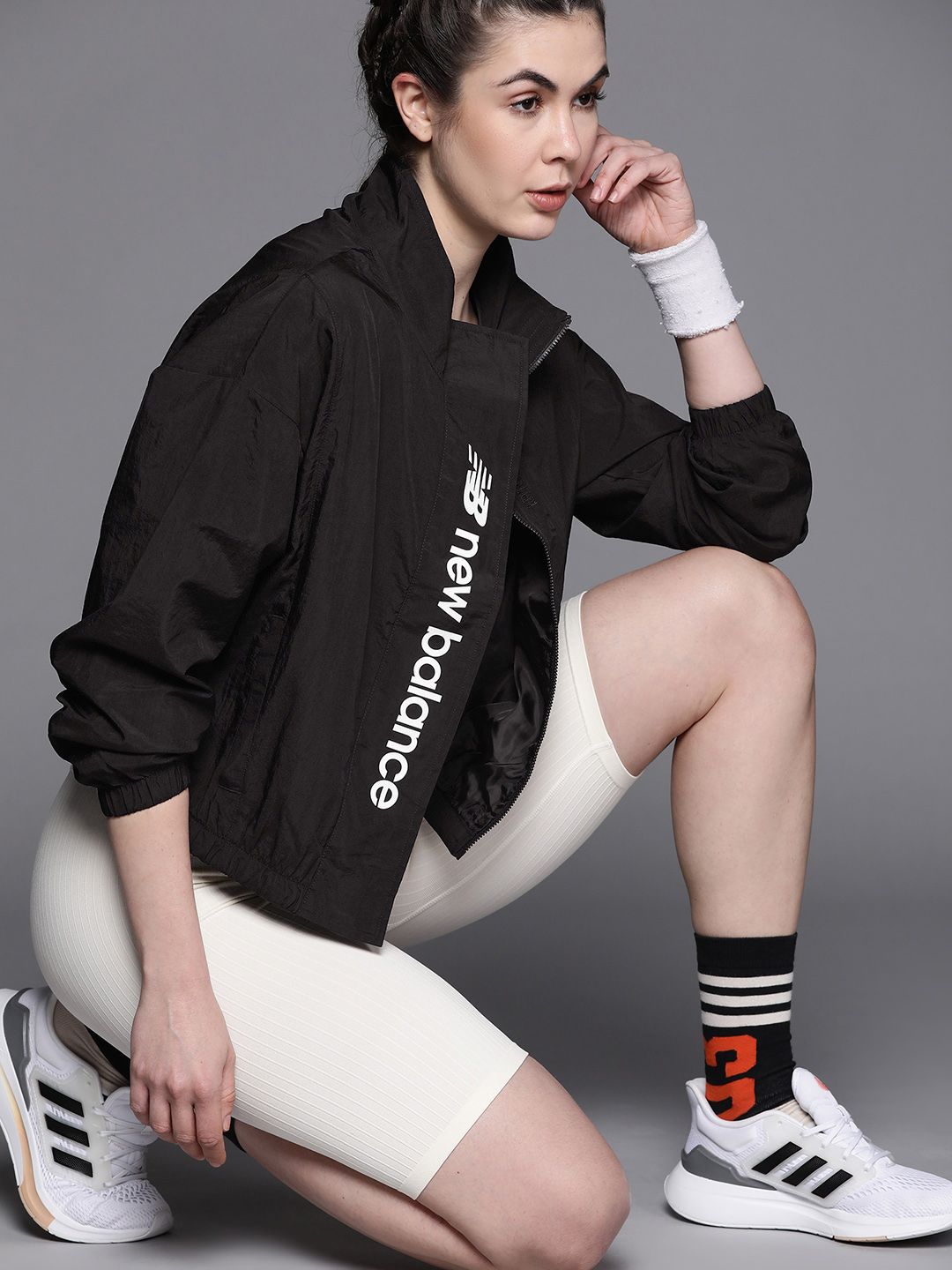 New Balance Women Black White Brand Logo Crop Sporty Jacket Price in India