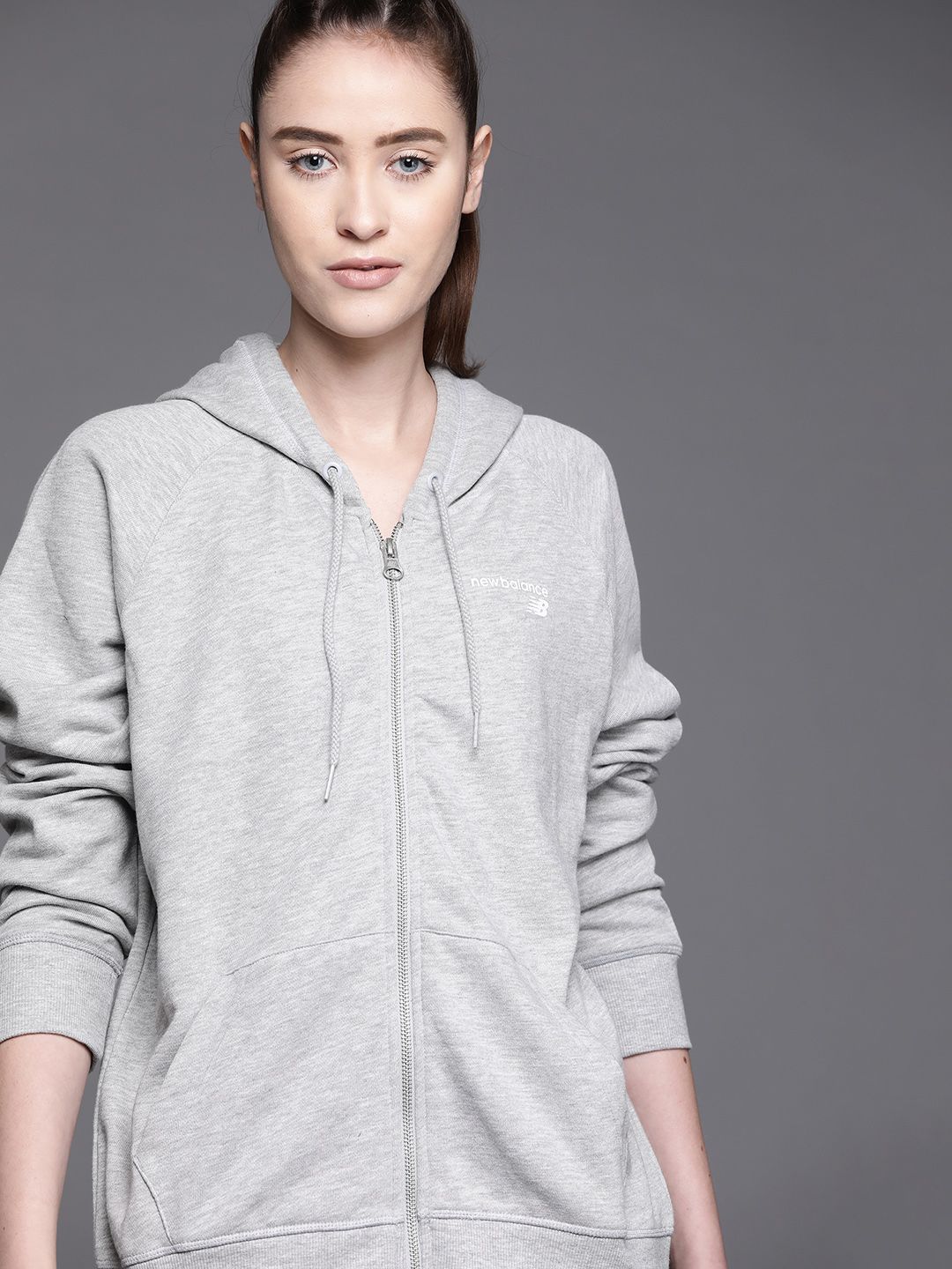 New Balance Women Grey Melange Brand Logo Print Detail Sporty Jacket Price in India