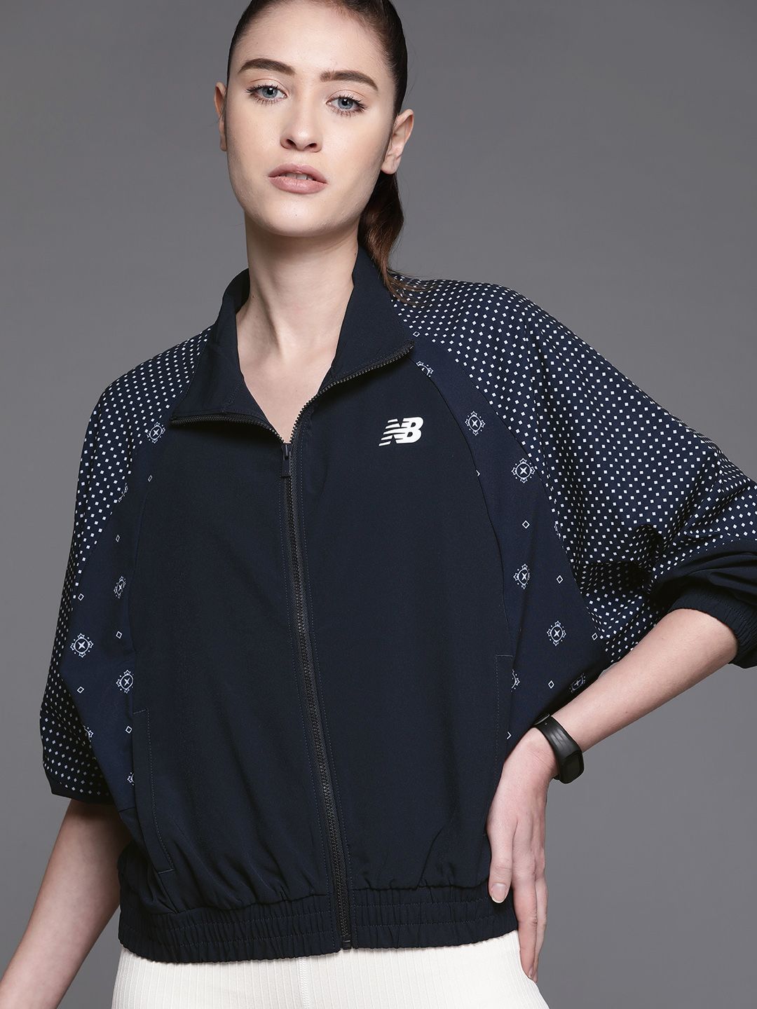 New Balance Women Navy Blue Printed Sporty Jacket Price in India