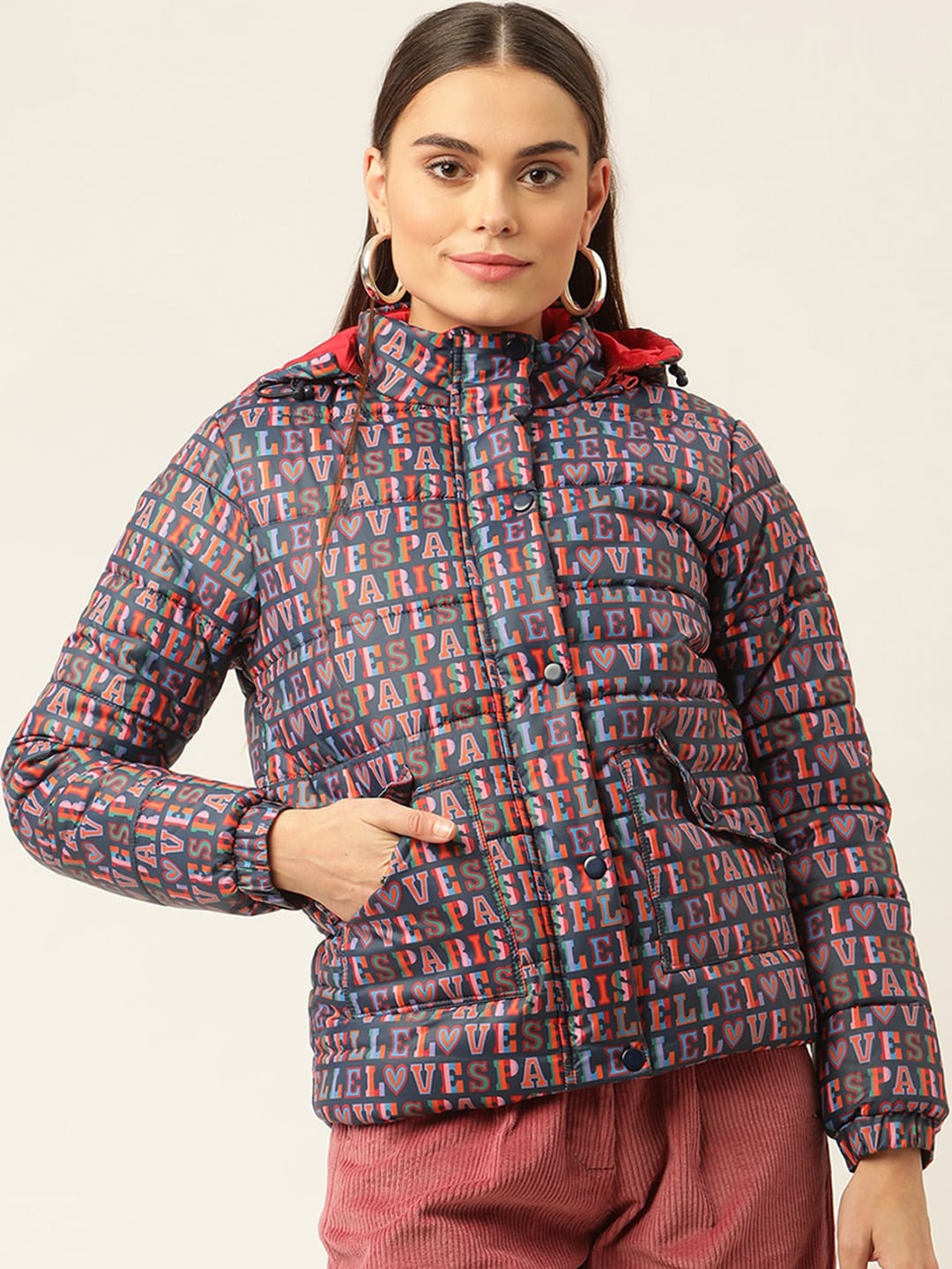 ELLE Women Multicoloured Geometric Padded Jacket Price in India