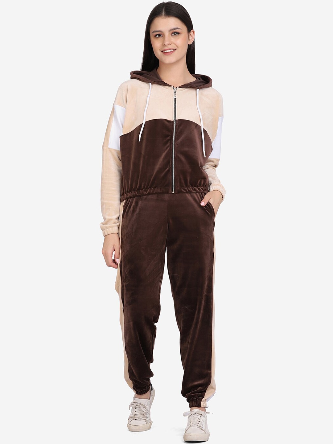 Aesthetic Bodies Women Brown & Beige Colorblocked Tracksuit Price in India