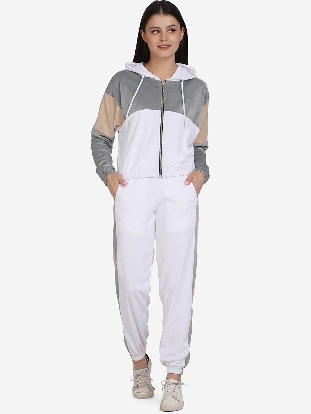 Aesthetic Bodies Women White & Grey Colourblocked Tracksuit Price in India