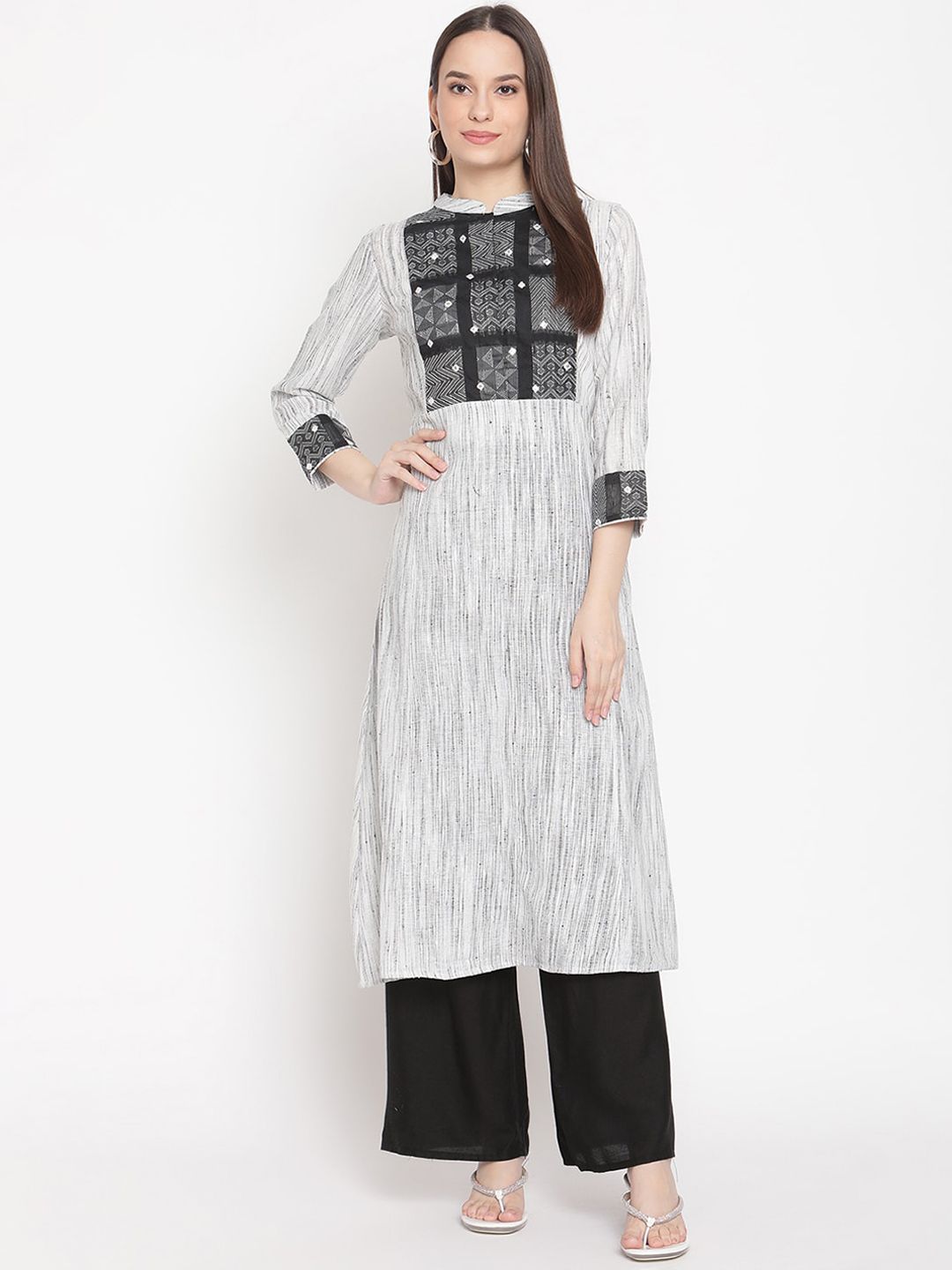 Be Indi Women Black & White Yoke Design Thread Work Khadi Kurta Price in India