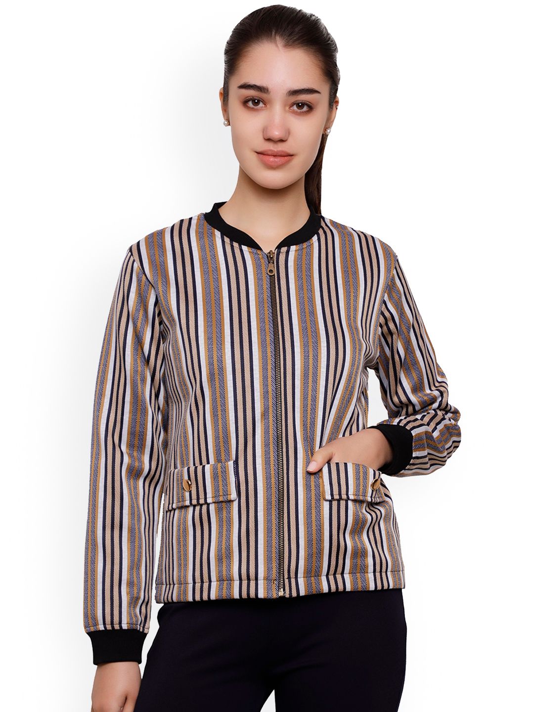 DECHEN Women Yellow Beige Striped Lightweight Bomber Jacket Price in India