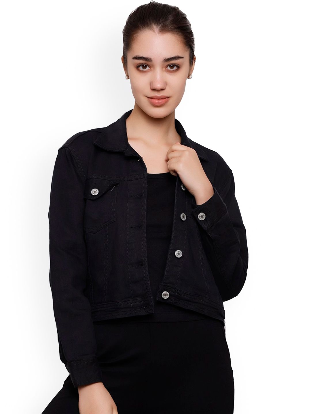 DECHEN Women Black Striped Lightweight Cotton Crop Denim Jacket Price in India