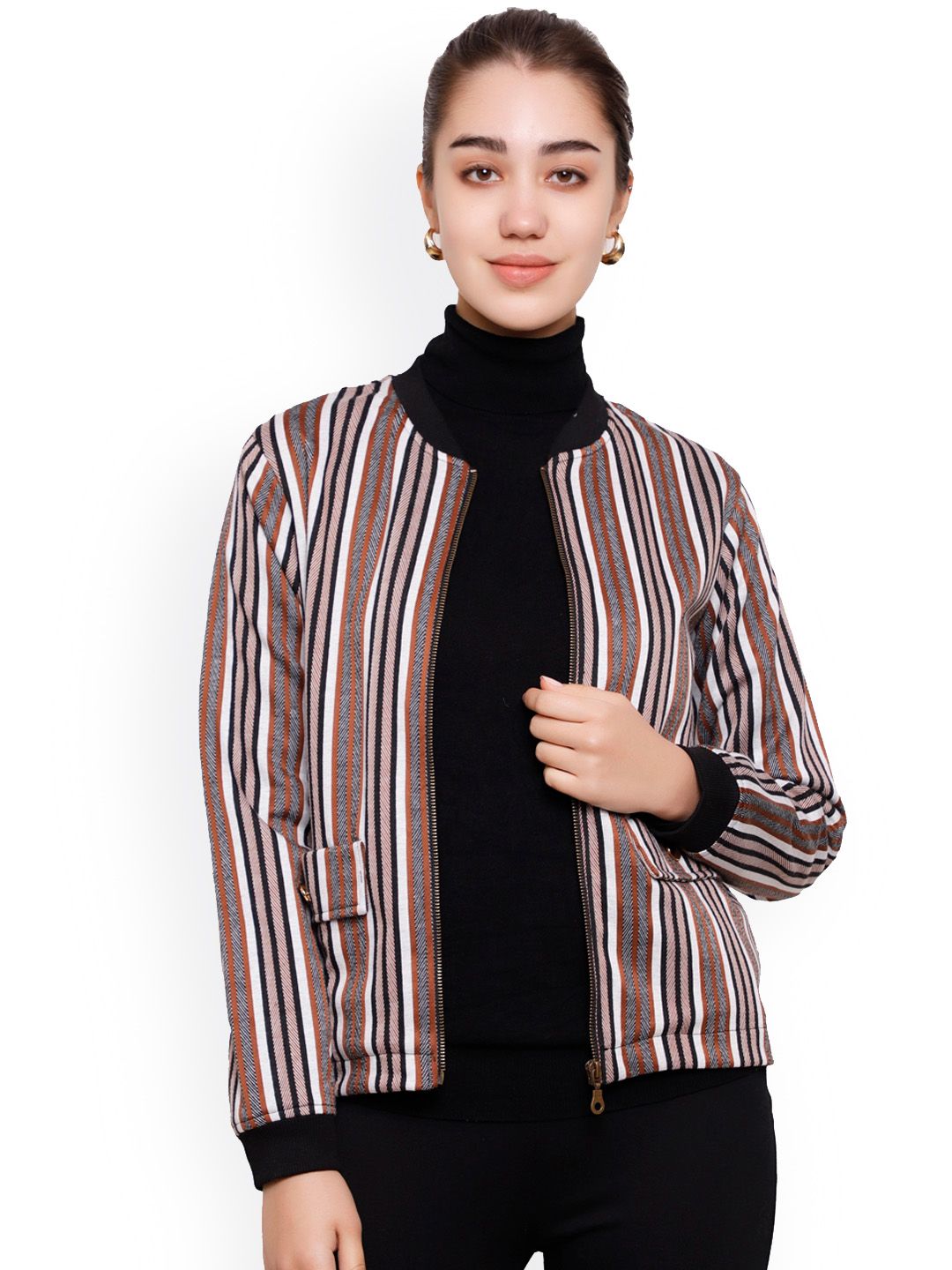 DECHEN Women Brown Striped Lightweight Tailored Jacket Price in India