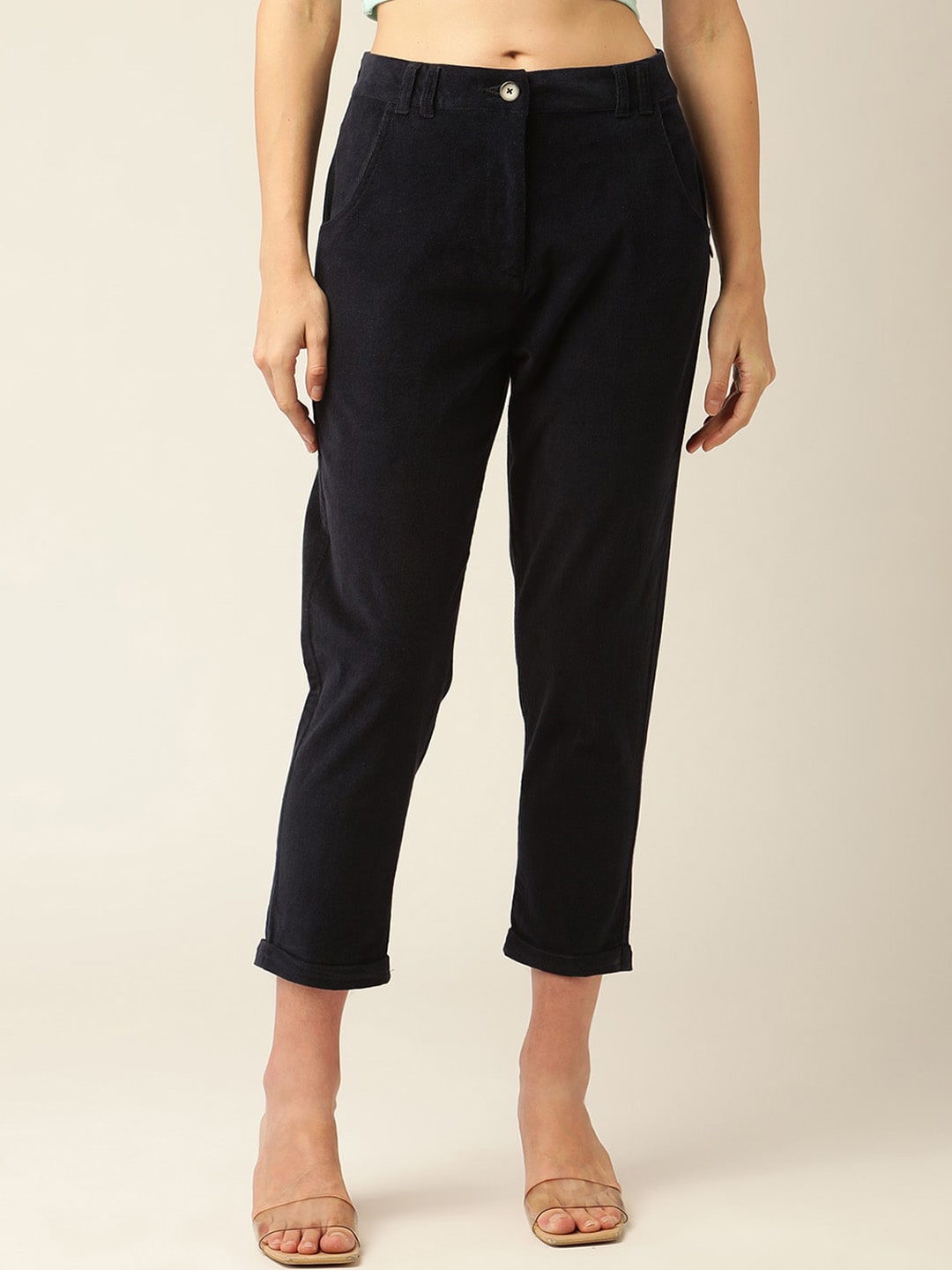 ELLE Women Navy Blue Cotton Trousers Price in India