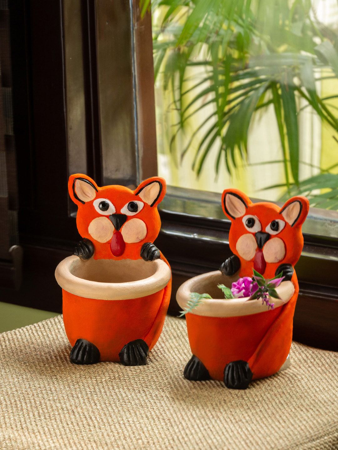 ExclusiveLane Set of 2 Orange & Black Feisty Fox Handmade Terracotta Table Planters Price in India