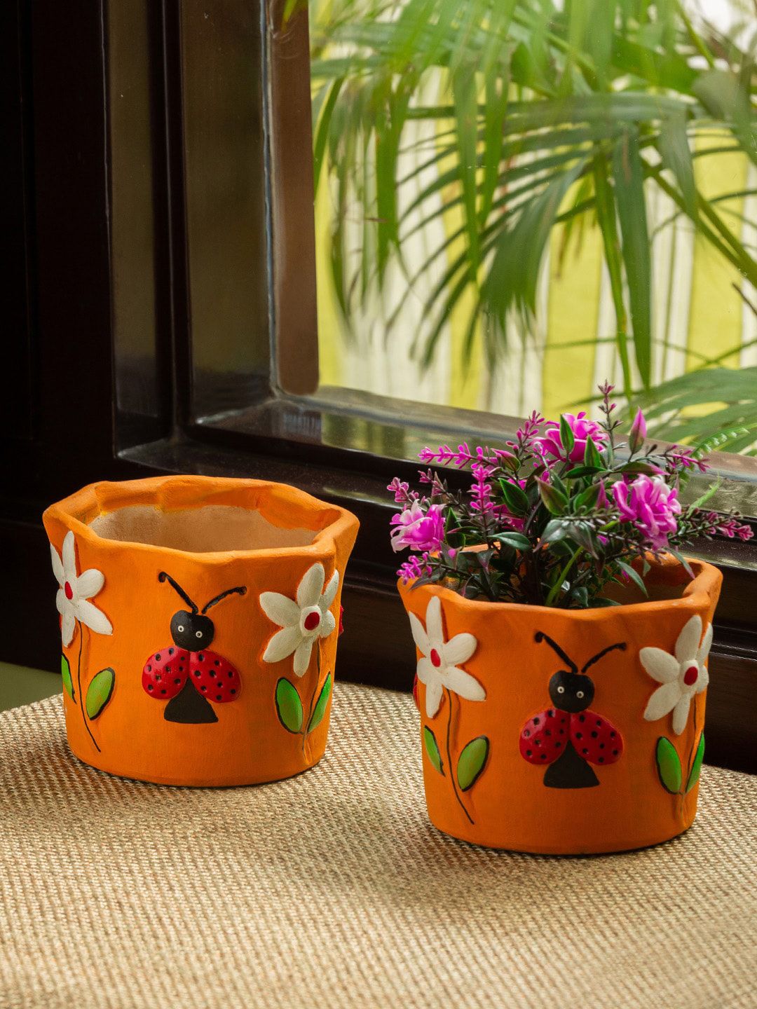 ExclusiveLane Set Of 2 Orange  White Hand-Painted Terracotta Table Planter Pots Price in India