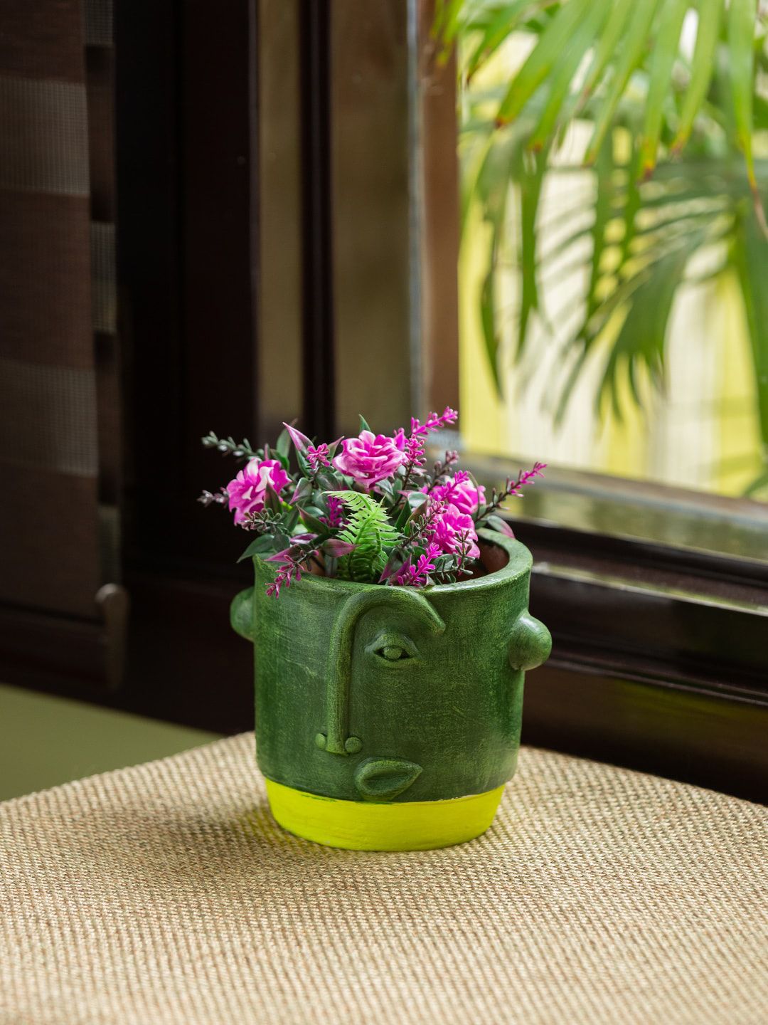 ExclusiveLane Green Abstract Face Handmade Terracotta Table Planter Pot Price in India