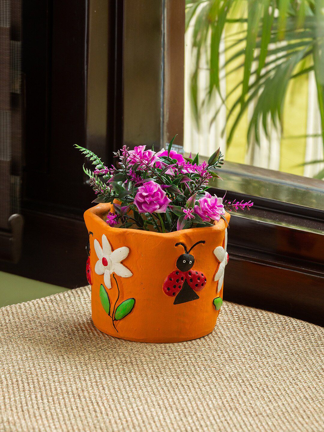 ExclusiveLane Orange & White Hand-Painted Terracotta Table Planter Pot Price in India