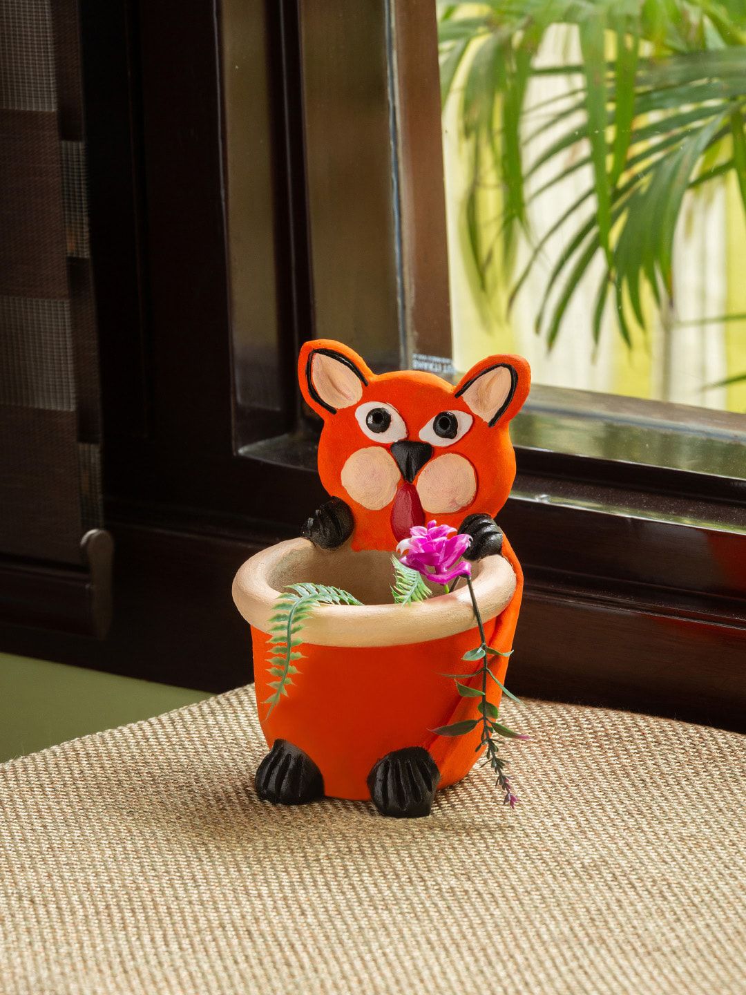 ExclusiveLane Orange & Black Feisty Fox Handmade Terracotta Table Planter Pot Price in India