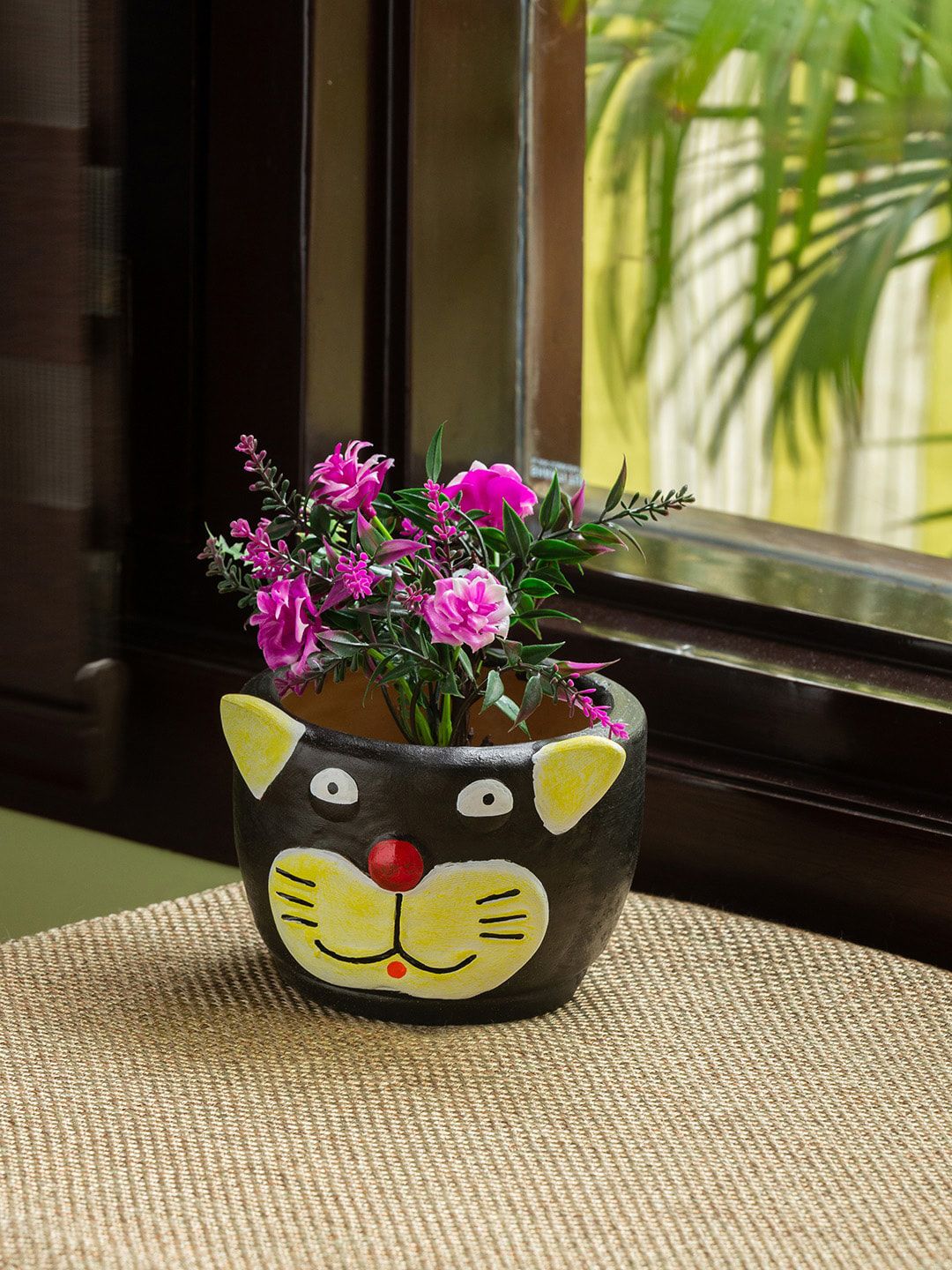ExclusiveLane Black & Yellow Meek Meow Patterned Handcrafted Terracotta Table Planter Pot Price in India
