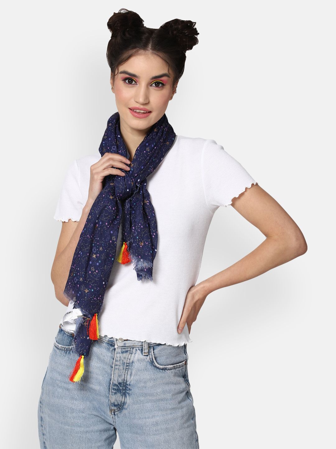 FOREVER 21 Women Blue & Yellow Printed Scarf Price in India
