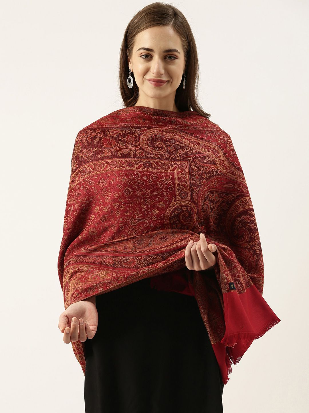 Pashmoda Women Red Woven Design Jamawar Shawl Price in India