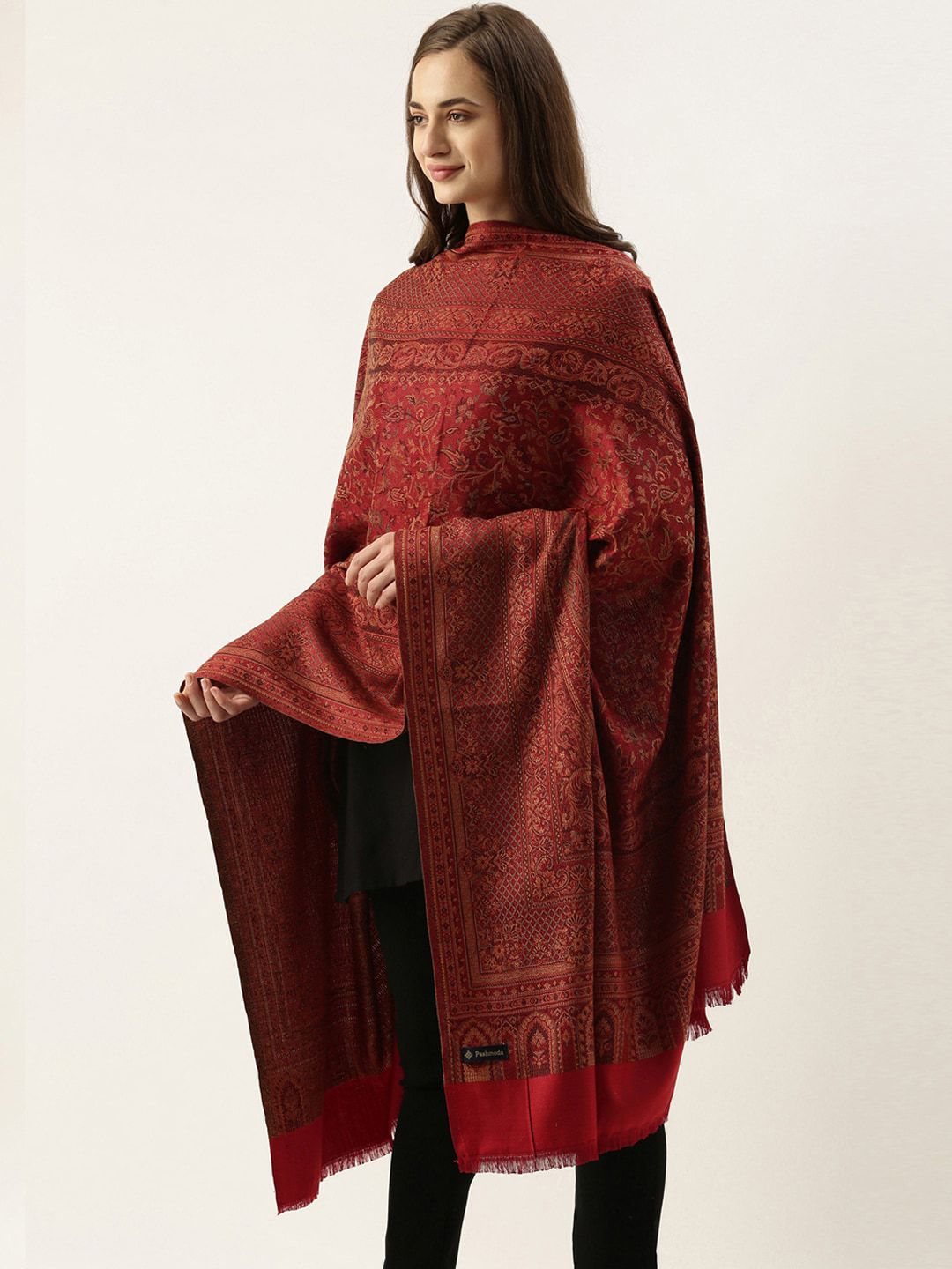 Pashmoda Women Red Woven Design Jamawar Shawl Price in India