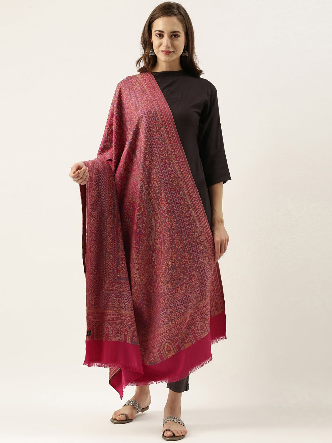 Pashmoda Women Pink Woven Design Jamawar Shawl Price in India