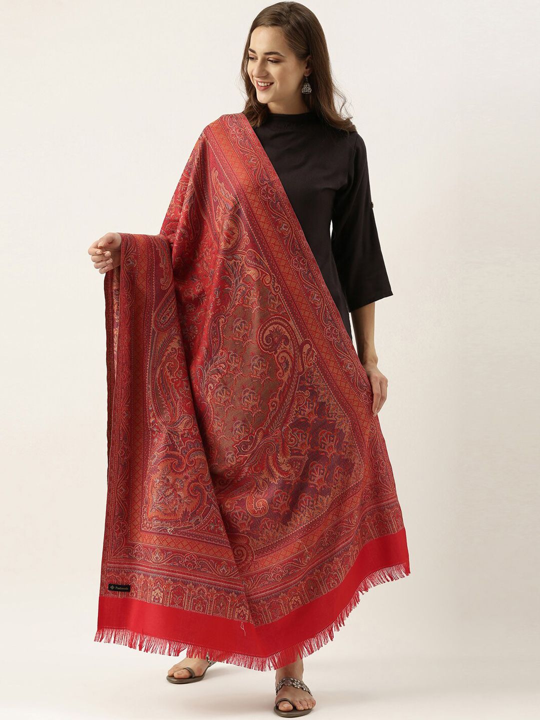 Pashmoda Women Red Woven Design Jamawar Shawl Price in India