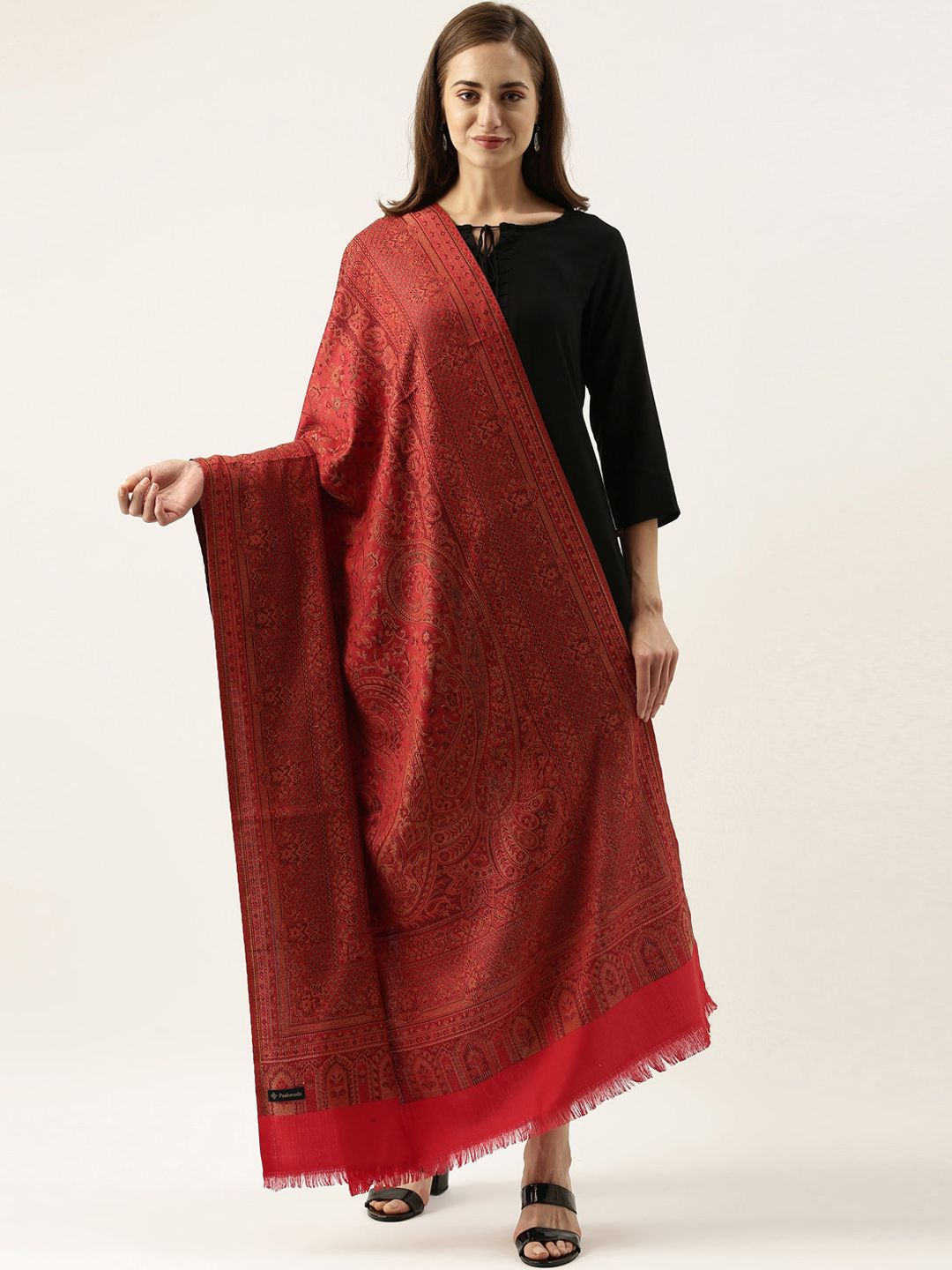 Pashmoda Women Maroon Woven Design Jamawar Shawl Price in India