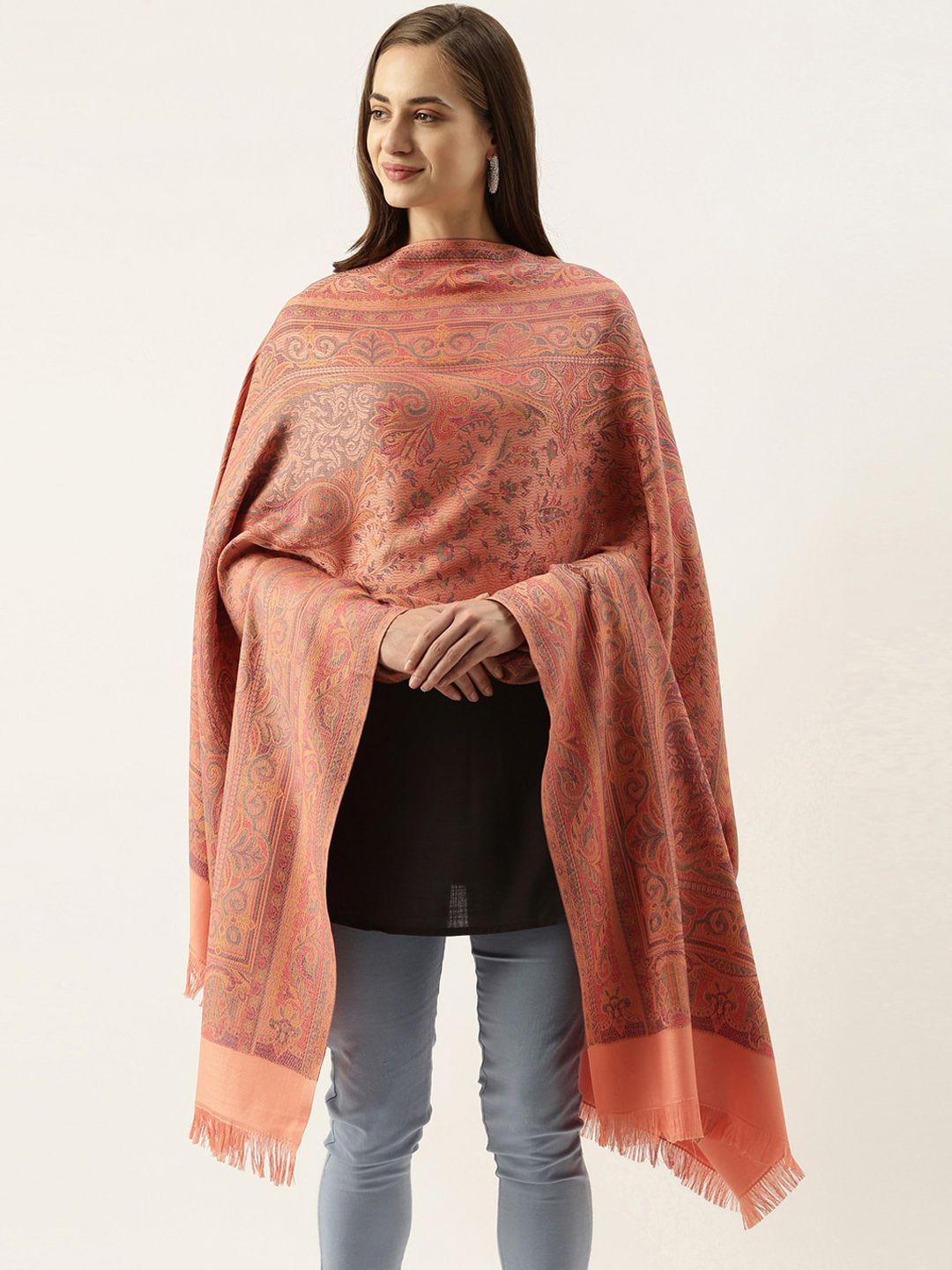 Pashmoda Women Peach Woven Design Jamawar Shawl Price in India