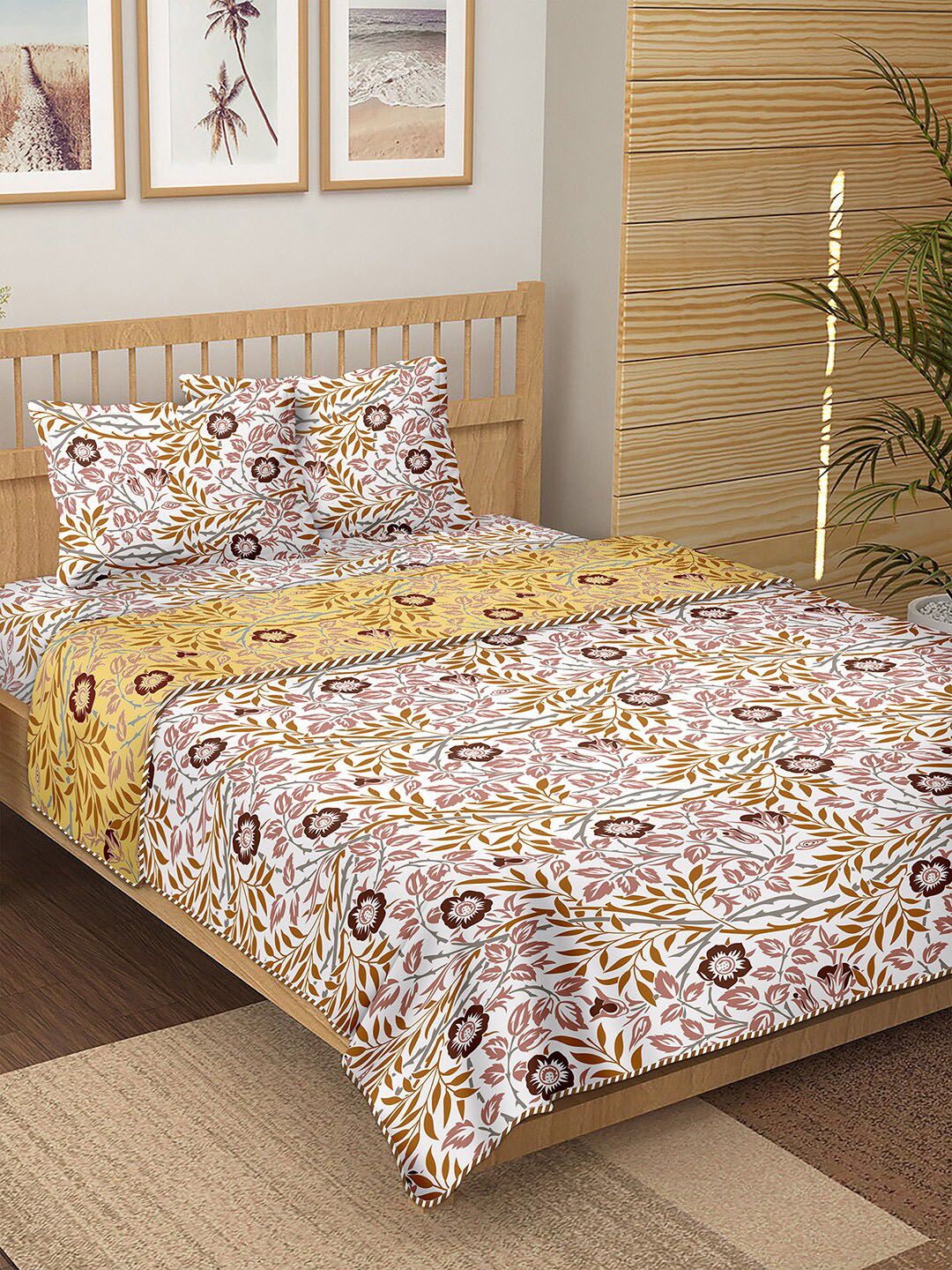 BELLA CASA Brown & White Floral Printed Cotton Double King Bedding Set Price in India