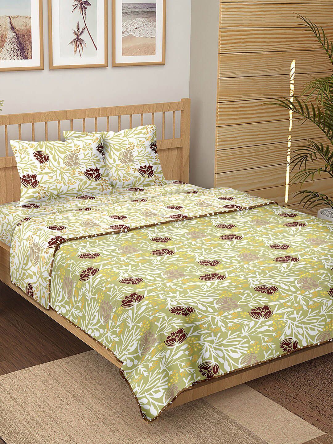 BELLA CASA Green & White Floral Printed Cotton 150 TC Double King Bedding Set Price in India