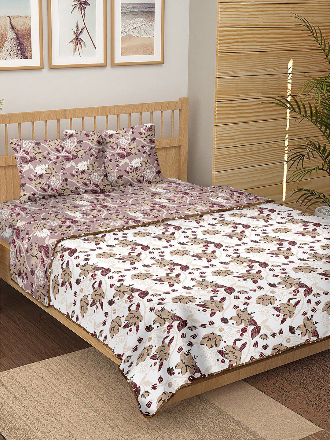 BELLA CASA White & Pink Floral Printed Cotton 150 TC Double King Bedding Set Price in India