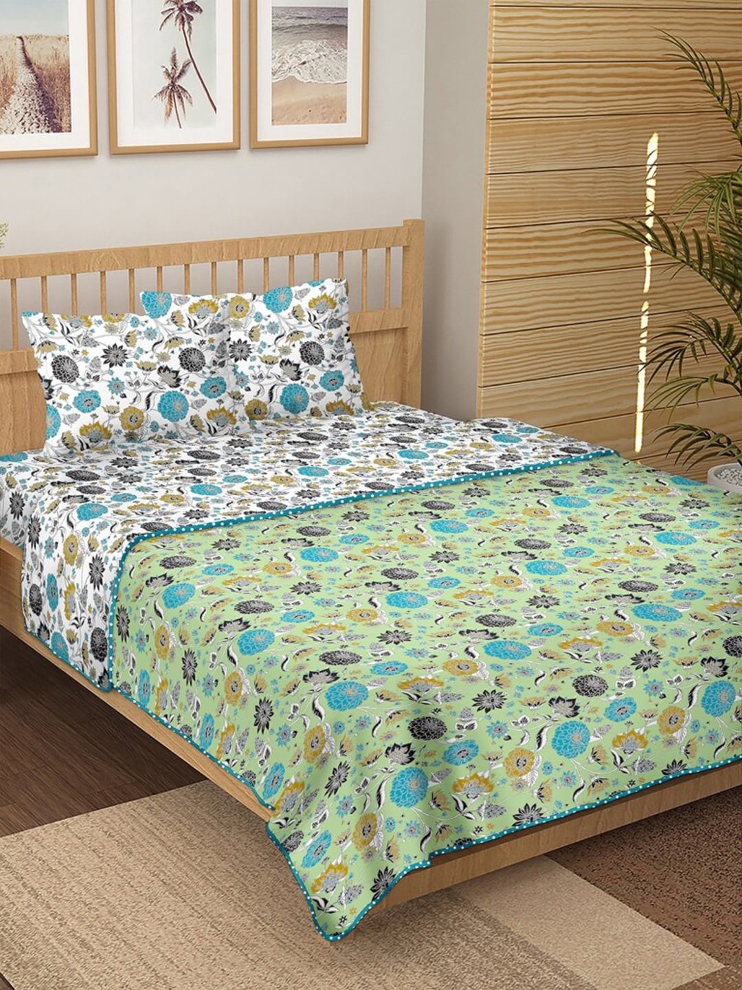 BELLA CASA White & Blue Floral Printed Cotton 150 TC Double King Bedding Set Price in India
