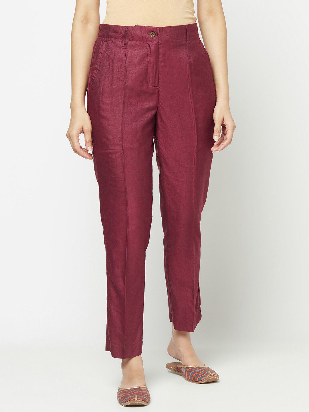 Fabindia Women Maroon Pleated Cigerette Trousers Price in India