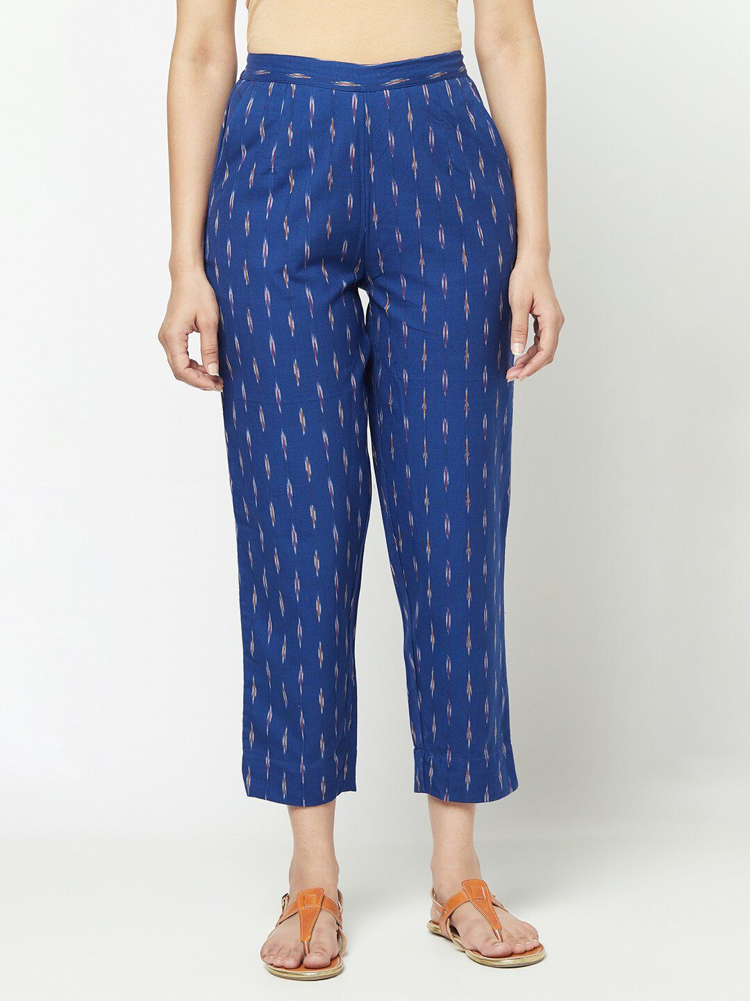 Fabindia Women Blue Ikat Printed Tapered Fit Trousers Price in India