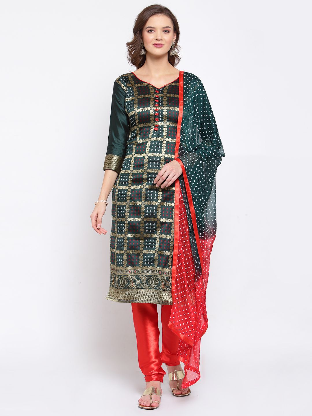 SERONA FABRICS Green & Red Chanderi  Jacquard Bandhani Print Unstitched Dress Material Price in India