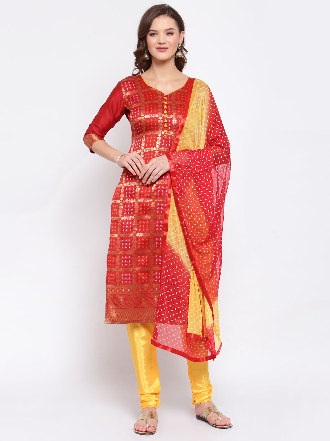 SERONA FABRICS Red & Yellow Chanderi  Jacquard Bandhani Print Unstitched Dress Material Price in India